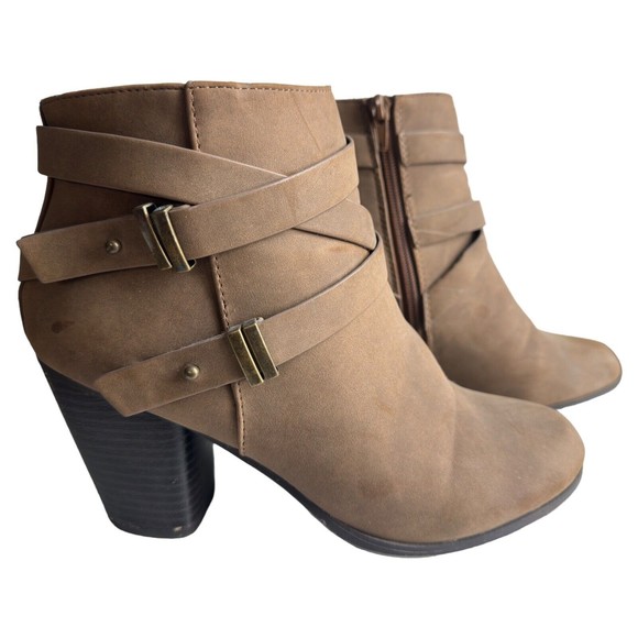 Suede Brown Heeled Strappy Buckle Zippered Womens 8 Ankle Boots Booties - Picture 13 of 14